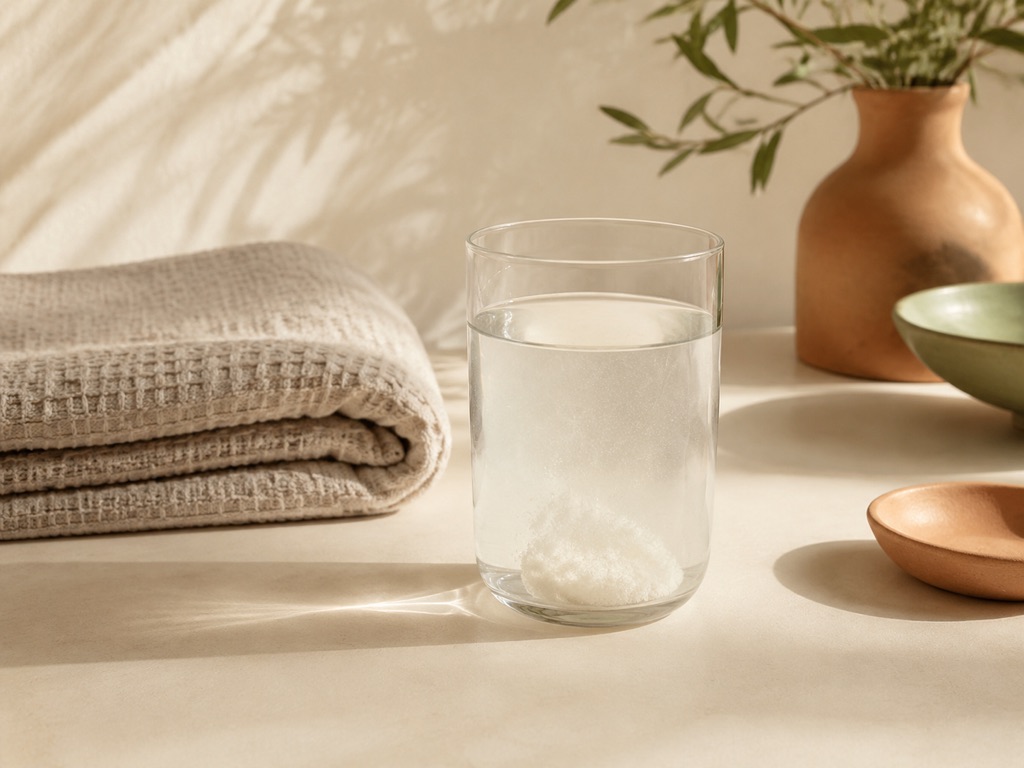 Vaso de agua con colágeno junto a una toalla