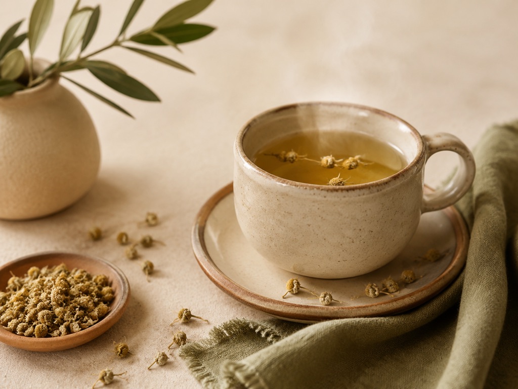 Taza de té de manzanilla en ambiente calmo