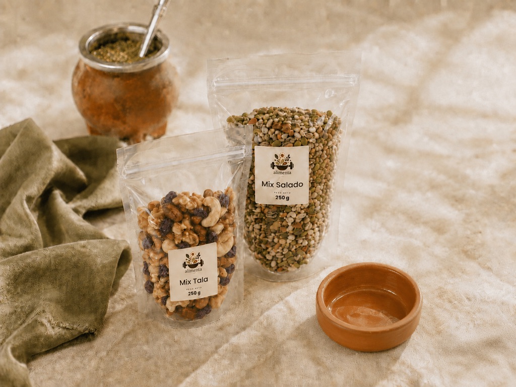 Bolsitas de mixes de frutos secos ALIMENTA junto a un mate