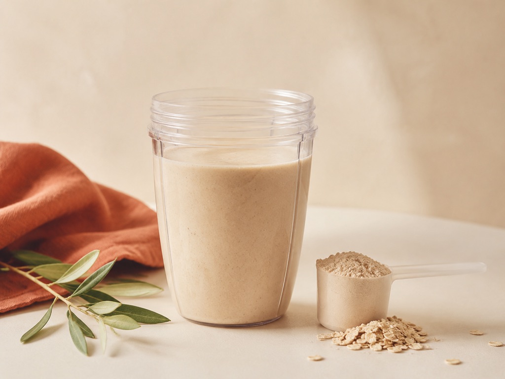 Licuado de proteína con scoop y avena