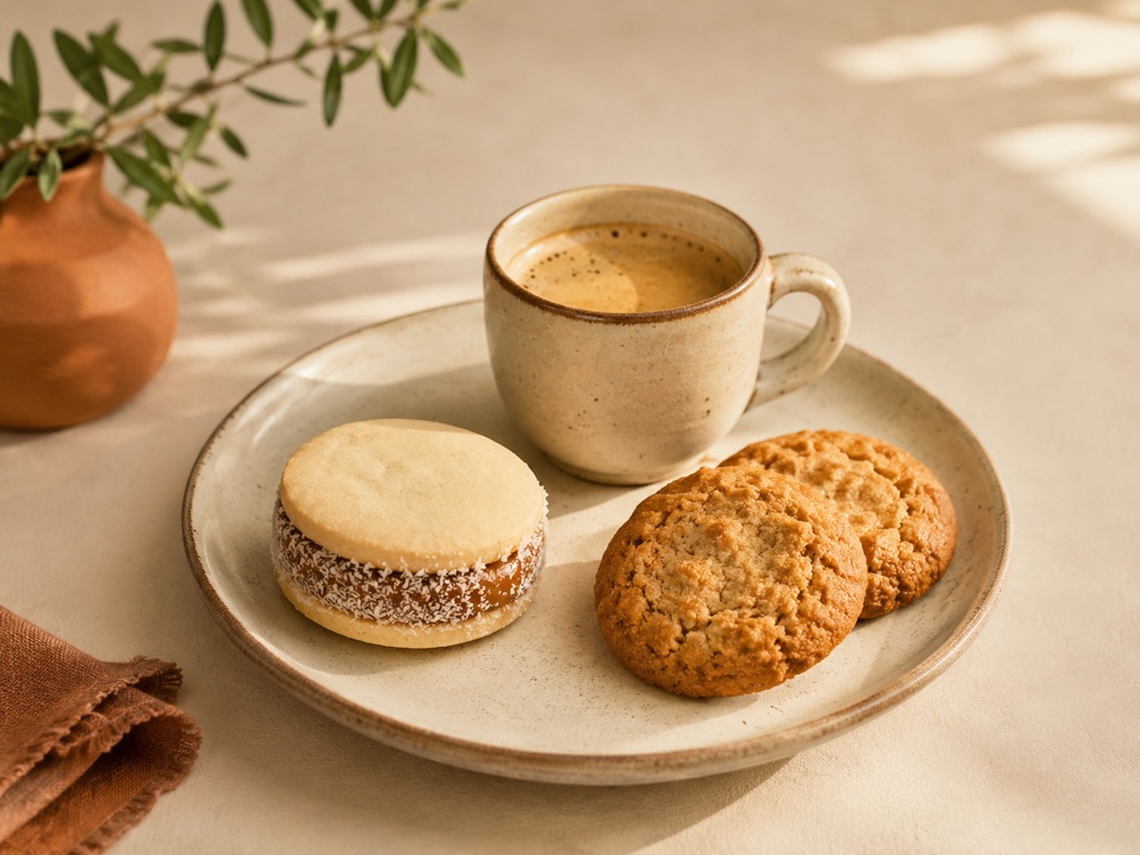 Alfajor y cookies con un café